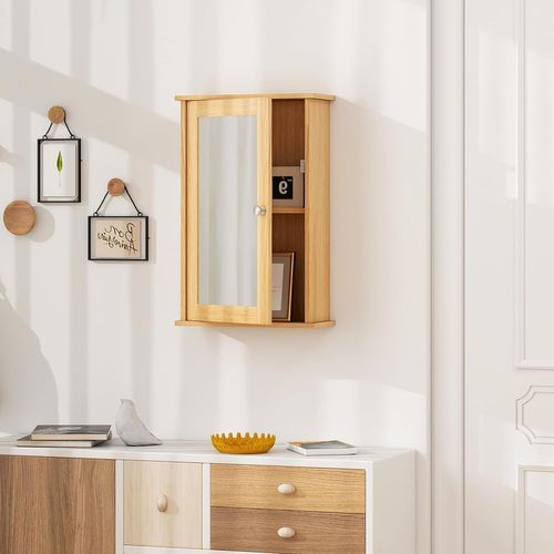 Armoire Murale Salle De Bain 15x34x53cm, Porte-miroir, 2 Niveaux, Étagère Réglable ,naturel