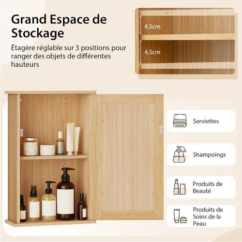 Armoire Murale Salle De Bain 15x34x53cm, Porte-miroir, 2 Niveaux, Étagère Réglable ,naturel