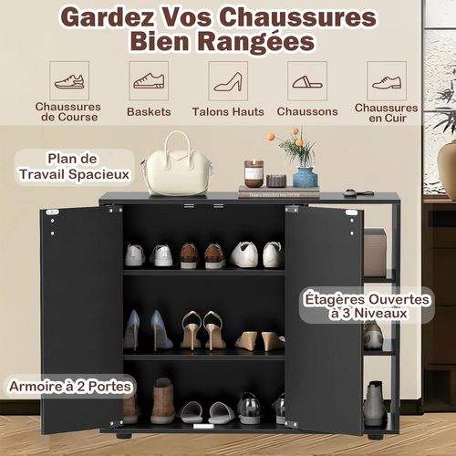 Meuble Chaussures 3 Niveaux 12 Paires, Portes Et Étagères Réglables, 80x31x64.5cm ,noir