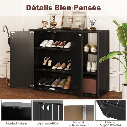 Meuble Chaussures 3 Niveaux 12 Paires, Portes Et Étagères Réglables, 80x31x64.5cm ,noir