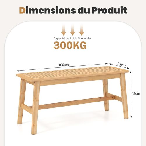 Banc De Salle à Manger En Bambou 100x35x45cm, Assise En Rotin Pvc, 2 Places, Charge 300kg