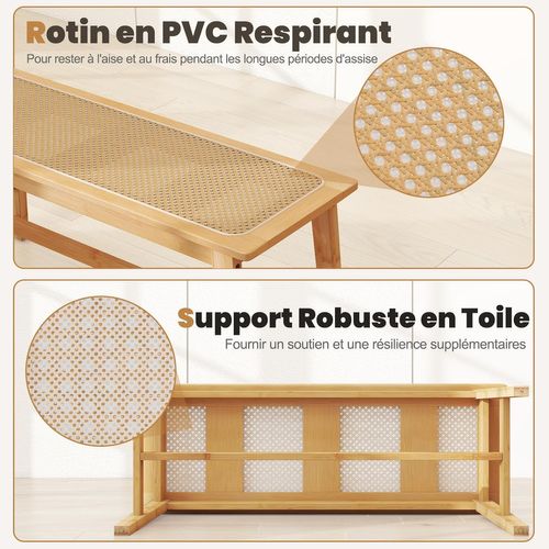 Banc De Salle à Manger En Bambou 100x35x45cm, Assise En Rotin Pvc, 2 Places, Charge 300kg