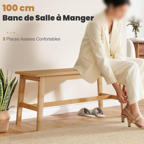 Banc De Salle à Manger En Bambou 100x35x45cm, Assise En Rotin Pvc, 2 Places, Charge 300kg