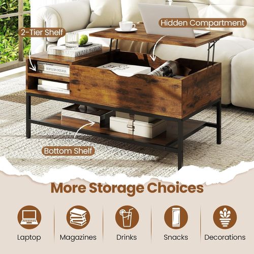 Table Basse Plateau Relevable 99.5x49.5x47.5cm, Rangement Caché, Métal ,marron Rustique