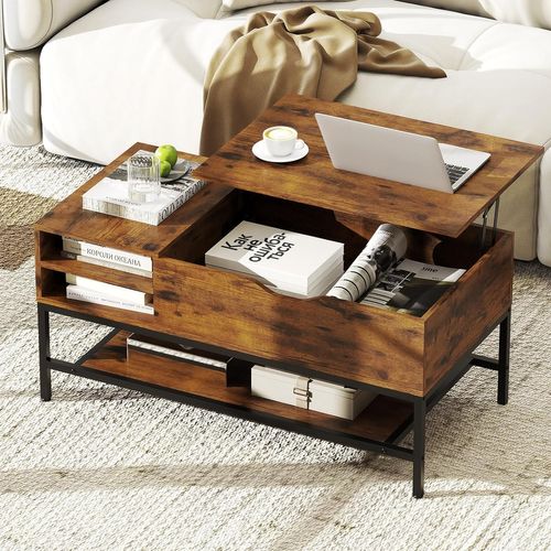 Table Basse Plateau Relevable 99.5x49.5x47.5cm, Rangement Caché, Métal ,marron Rustique