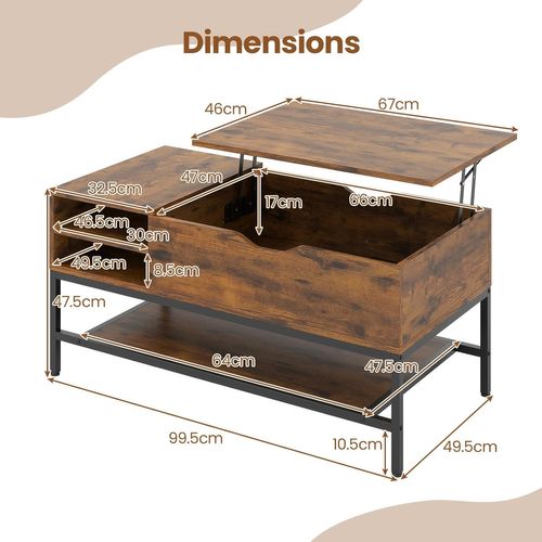 Table Basse Plateau Relevable 99.5x49.5x47.5cm, Rangement Caché, Métal ,marron Rustique