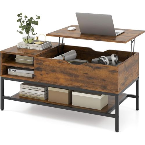 Table Basse Plateau Relevable 99.5x49.5x47.5cm, Rangement Caché, Métal ,marron Rustique
