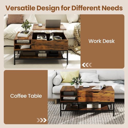 Table Basse Plateau Relevable 99.5x49.5x47.5cm, Rangement Caché, Métal ,marron Rustique