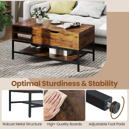 Table Basse Plateau Relevable 99.5x49.5x47.5cm, Rangement Caché, Métal ,marron Rustique