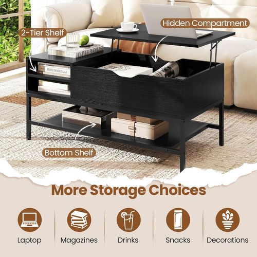 Table Basse Plateau Relevable 99.5x49.5cm, Rangement Caché, Mécanisme Levage, Métal ,noir