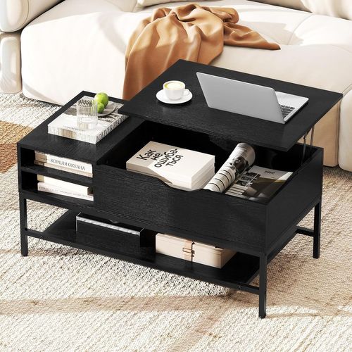 Table Basse Plateau Relevable 99.5x49.5cm, Rangement Caché, Mécanisme Levage, Métal ,noir