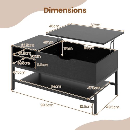 Table Basse Plateau Relevable 99.5x49.5cm, Rangement Caché, Mécanisme Levage, Métal ,noir