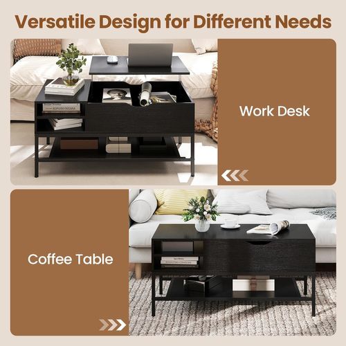 Table Basse Plateau Relevable 99.5x49.5cm, Rangement Caché, Mécanisme Levage, Métal ,noir