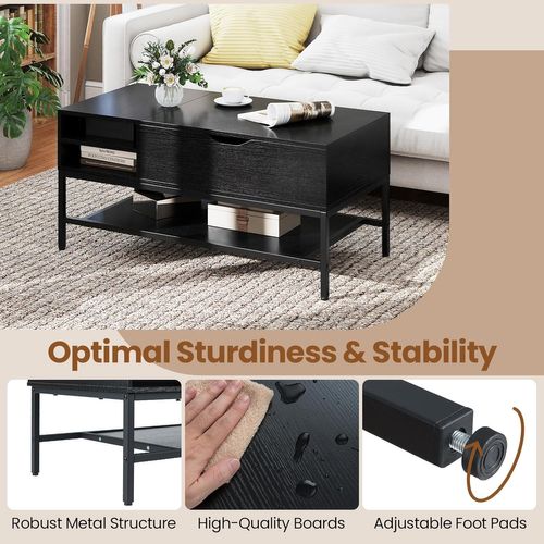 Table Basse Plateau Relevable 99.5x49.5cm, Rangement Caché, Mécanisme Levage, Métal ,noir