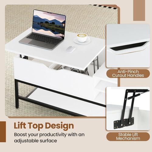 Table Basse Plateau Relevable 99.5x49.5cm, Rangement Caché, Mécanisme Levage, Métal ,blanc