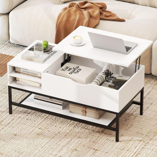 Table Basse Plateau Relevable 99.5x49.5cm, Rangement Caché, Mécanisme Levage, Métal ,blanc