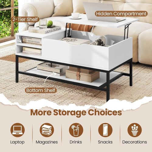 Table Basse Plateau Relevable 99.5x49.5cm, Rangement Caché, Mécanisme Levage, Métal ,blanc