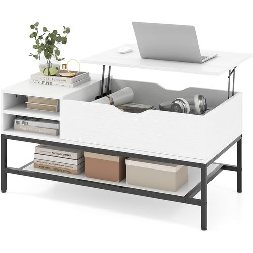 Table Basse Plateau Relevable 99.5x49.5cm, Rangement Caché, Mécanisme Levage, Métal ,blanc