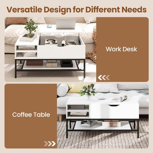 Table Basse Plateau Relevable 99.5x49.5cm, Rangement Caché, Mécanisme Levage, Métal ,blanc