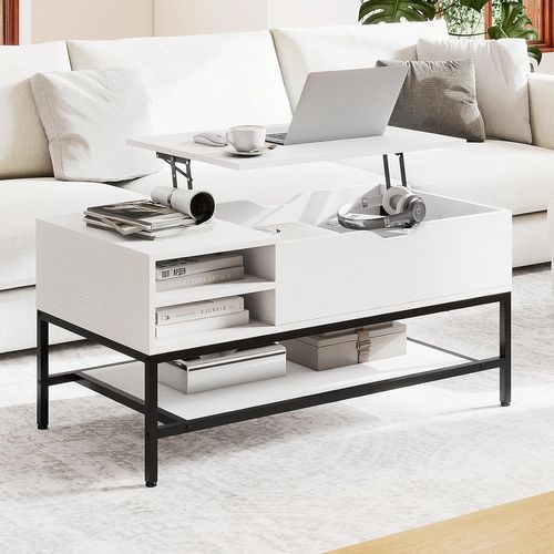 Table Basse Plateau Relevable 99.5x49.5cm, Rangement Caché, Mécanisme Levage, Métal ,blanc