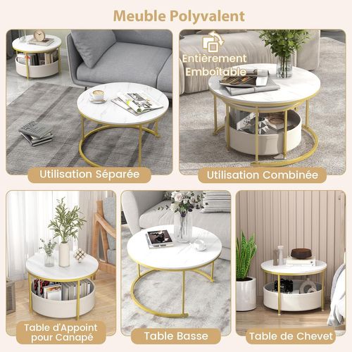 Lot 2 Tables Gigognes Rondes 80+60cm, Effet Marbre, Panier Tissu, Métal ,blanc+doré