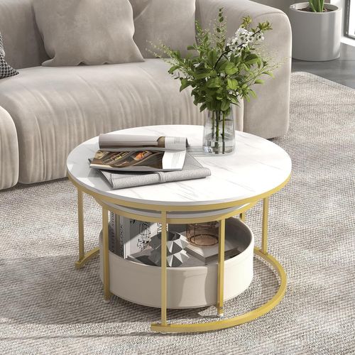 Lot 2 Tables Gigognes Rondes 80+60cm, Effet Marbre, Panier Tissu, Métal ,blanc+doré