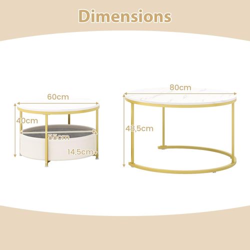 Lot 2 Tables Gigognes Rondes 80+60cm, Effet Marbre, Panier Tissu, Métal ,blanc+doré