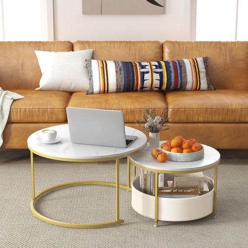 Lot 2 Tables Gigognes Rondes 80+60cm, Effet Marbre, Panier Tissu, Métal ,blanc+doré