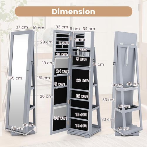 Armoire à Bijoux Pivotante 360° 39x39x161cm, Miroir Psyché, Étagère De Rangement ,gris
