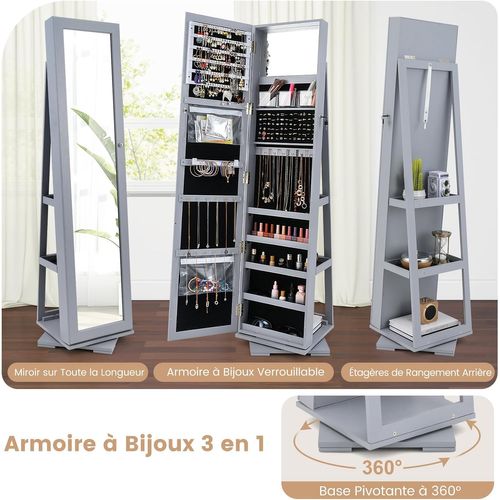 Armoire à Bijoux Pivotante 360° 39x39x161cm, Miroir Psyché, Étagère De Rangement ,gris