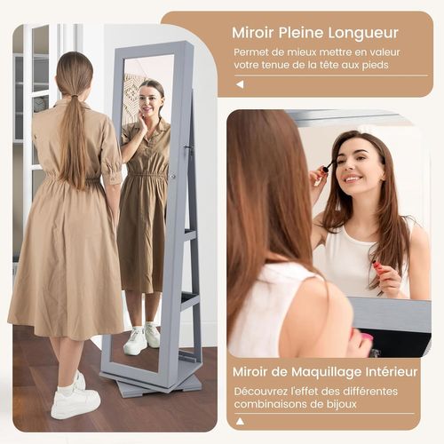 Armoire à Bijoux Pivotante 360° 39x39x161cm, Miroir Psyché, Étagère De Rangement ,gris