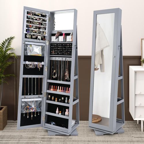 Armoire à Bijoux Pivotante 360° 39x39x161cm, Miroir Psyché, Étagère De Rangement ,gris