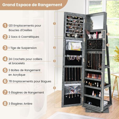Armoire à Bijoux Pivotante 360° 39x39x161cm, Miroir Psyché, Étagère De Rangement ,gris Foncé