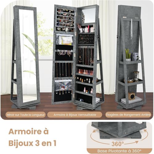 Armoire à Bijoux Pivotante 360° 39x39x161cm, Miroir Psyché, Étagère De Rangement ,gris Foncé