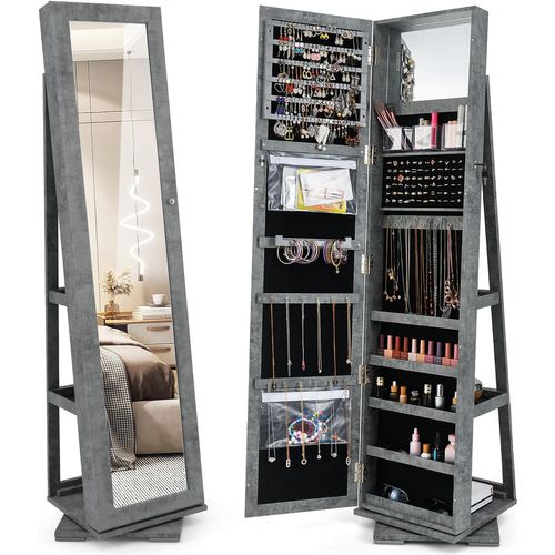 Armoire à Bijoux Pivotante 360° 39x39x161cm, Miroir Psyché, Étagère De Rangement ,gris Foncé