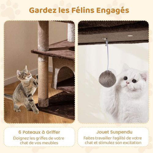 Arbre à Chat XXL 56x56x148cm, 6 Plateformes Et 6 Poteaux Jute, Condo Flottant ,café
