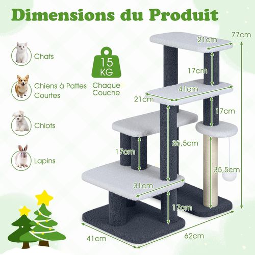 Escalier 2 En 1 Chat/chien 62x41x77cm, 7 Plateformes, Sisal, Charge 15kg ,gris+blanc