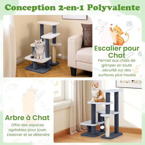 Escalier 2 En 1 Chat/chien 62x41x77cm, 7 Plateformes, Sisal, Charge 15kg ,gris+blanc