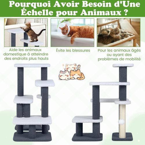 Escalier 2 En 1 Chat/chien 62x41x77cm, 7 Plateformes, Sisal, Charge 15kg ,gris+blanc