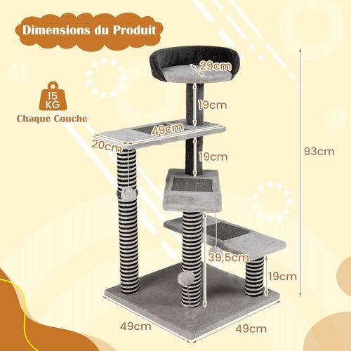 Arbre à Chat XL 49x49x93cm, 5 Plateformes,3 Poteaux Jute Et 3 Planches Sisal,2 Pompons,gris