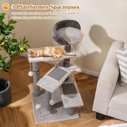 Arbre à Chat XL 49x49x93cm, 5 Plateformes,3 Poteaux Jute Et 3 Planches Sisal,2 Pompons,gris