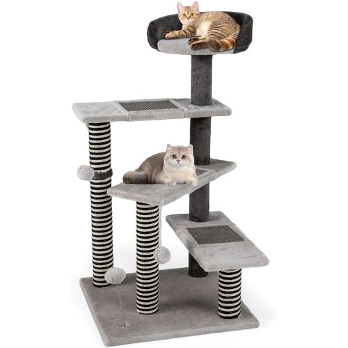 Arbre à Chat XL 49x49x93cm, 5 Plateformes,3 Poteaux Jute Et 3 Planches Sisal,2 Pompons,gris