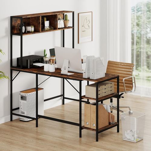 Bureau D'angle En L 150x120cm, Bibliothèque, Étagères Ouvertes, Crochet ,marron Rustique