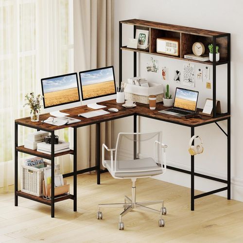 Bureau D'angle En L 150x120cm, Bibliothèque, Étagères Ouvertes, Crochet ,marron Rustique