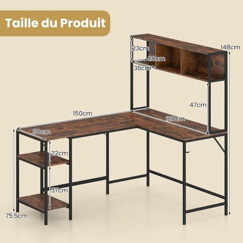 Bureau D'angle En L 150x120cm, Bibliothèque, Étagères Ouvertes, Crochet ,marron Rustique