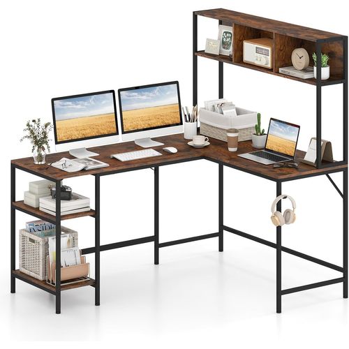 Bureau D'angle En L 150x120cm, Bibliothèque, Étagères Ouvertes, Crochet ,marron Rustique