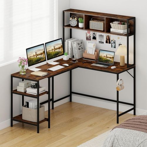 Bureau D'angle En L 150x120cm, Bibliothèque, Étagères Ouvertes, Crochet ,marron Rustique