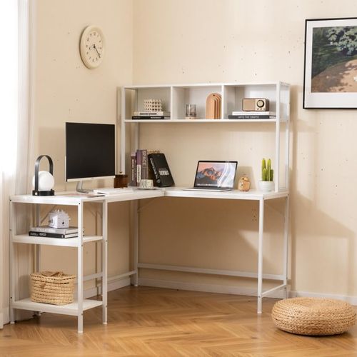 Bureau D'angle En L 150x120cm, Avec Bibliothèque, Étagères Ouvertes, Crochet ，blanc