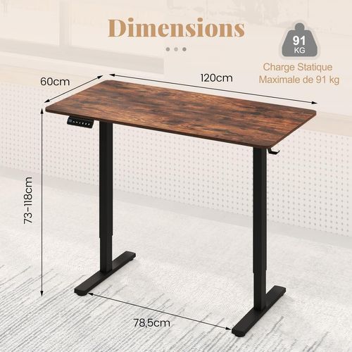 Bureau Assis Debout Électrique, 120 X 60 Cm ，hauteur Réglable ，3 Mémoires, Marron Rustique
