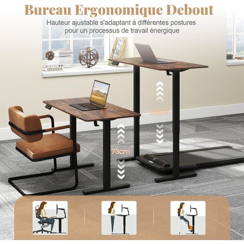 Bureau Assis Debout Électrique, 120 X 60 Cm ，hauteur Réglable ，3 Mémoires, Marron Rustique